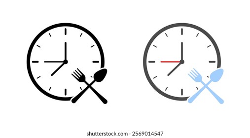 Eat time icons. Clock icons. Flat and silhouette style. Vector icons.