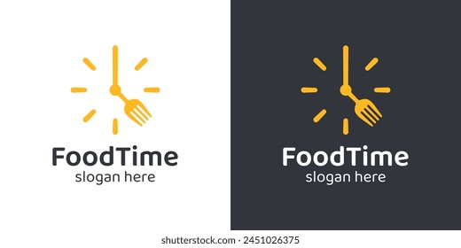 Eat time logo design template. Time clock with spoon fork design graphic vector illustration. Symbol, icon, creative.