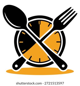 Coma o modelo do logotipo do vetor do tempo usando a colher do relógio e o símbolo do garfo adequado para o estilo de vida saudável cozinhar marca do restaurante e design criativo culinário versátil