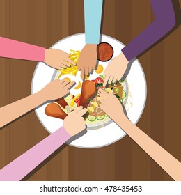 Eat Together Many Hands One Plate Food View From Top 