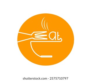 EAT vector logo design with bowl and fork combination on yellow background.
