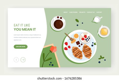 Eat a lot vector website template, landing page design for website and mobile site development. Eat it like you mean it motivational saying. Restaurant, cafe concept.