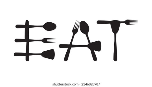 Eat, vector. Word eat written with fork and spoon silhouettes isolated on white background. Black and white art design. Wall decals