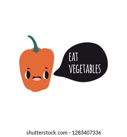 Eat vegetables. Print with pepper. Cute cartoon smile vegetable characters.  Colorful design for cards, banners, printed materials. Cute doodle style emoticons.