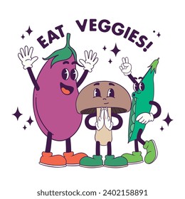 Eat veggies! Vector cartoon illustration of cheerful vegetable mascots with an appeal to add more vegetables to the diet