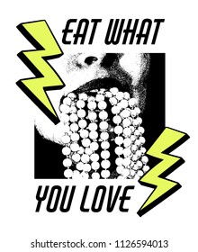 Eat what you love. Vector hand drawn illustration of mouth with bead made in pointillism style. Template for card, poster, banner, badge and pin.