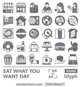 Eat what you want symbols collection or sketches. fast food day theme icons in glyph style signs for web and app. Vector graphics isolated on white background
