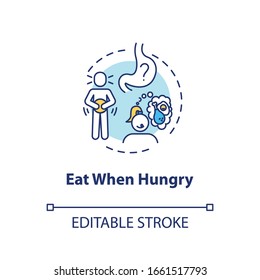 Eat when hungry concept icon. Conscious nutrition, mindful eating idea thin line illustration. Listening to body signals. Vector isolated outline RGB color drawing. Editable stroke