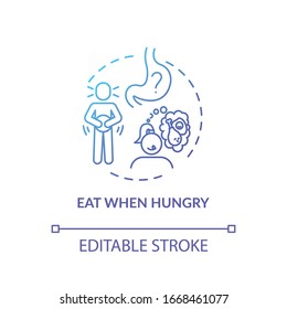 Coma cuando tengas hambre icono conceptual. Nutrición consciente, ingeniosa ilustración de la delgada línea de la idea alimenticia. Escuchando las señales del cuerpo. Dibujo de color RGB con contorno aislado del vector