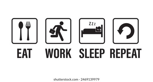 Eat work sleep repeat, activity life infographic, black pictograms and text isolated on white background. Funny symbol icon. Motivational poster, printable design. monochrome vector illustration