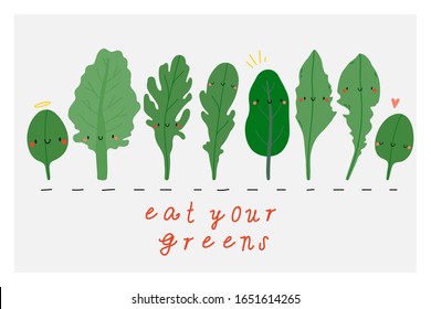 Eat Your Greens - Cute vector illustration. Cartoon simple banner with various Greens - Kale, Chard, Spinach, Arugula, Dandelion greens. Fresh greens food characters.