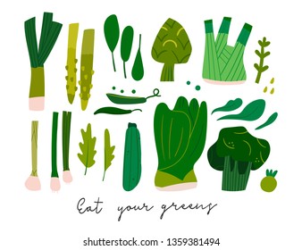 Eat your greens. Various tasty healthy green vegetables and leaves. Hand drawn vector set. Colored illustration in trendy style. Flat design. All elements are isolated