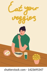 Eat your veggies. Woman eating salad. Healthy eating concept. Vector flat illustration for banner, postcard, poster.