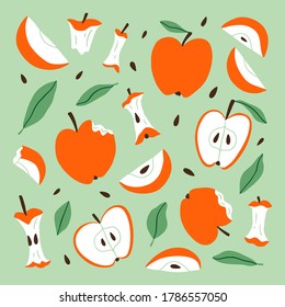 Eaten, bitten and sliced apples composition, vector cartoon set, isolated