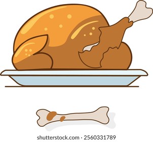 Eaten chicken drumstick. Eating stages of roasted , whole golden crunchy thigh to bitten meat and bone cartoon vector illustration, roasted chicken eaten , half eaten chicken