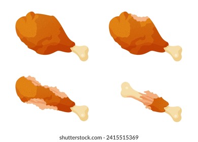 Eaten chicken leg set, sequence game animation. Animated stages of eating whole fried drumstick with crispy skin, motion steps of bitten thigh to bone with small pieces cartoon vector illustration