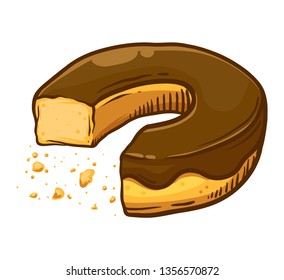 Eaten chocolate flavored donut with scattered crumb, hand drawing vector illustration