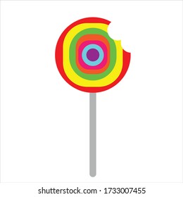 Eaten colorful Lollipop with a stick on a white background
