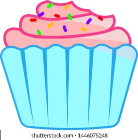 Eaten cupcake/muffin illustration with sprinkles and predominant pink and blue colours. 