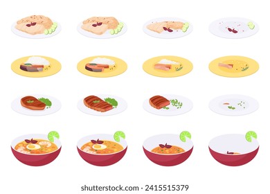 Eaten dinner food set, sequence game animation. Animated stages of eating portion of healthy dishes, plates of meat and fish steak served with garnish, bowl of shrimp soup cartoon vector illustration