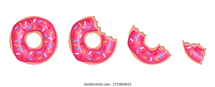 Eaten donut. Whole and half-eaten doughnuts with glaze, kids pastry for home breakfast. Round sweets for design bakery vector bite food set