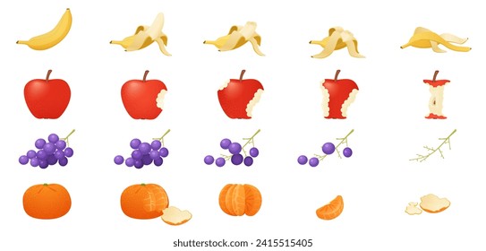 Juego de frutas comidas, animación secuencial de los alimentos mordidos. Pasos animados de comer plátano con cáscara de entero para desaparecer, manzana roja y uvas en rama, ilustración vectorial de caricatura tangerina