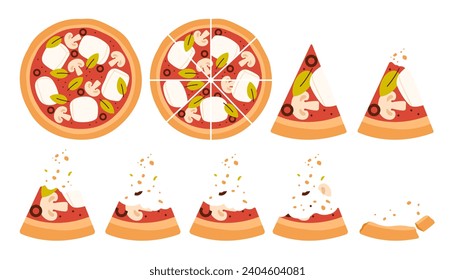 Eaten pizza set of animation sequence. Whole round pie with tomato sauce and Mozzarella cheese, cut into triangle pieces for eating, bitten pizza slices disappear in crumbs cartoon vector illustration