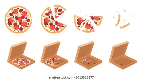 Eaten pizza set, sequence game animation. Animated stages of eating pizza slices, top and isometric 3D view of whole round pizza, pieces disappear from table, open box cartoon vector illustration