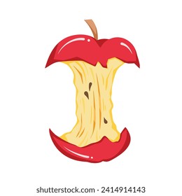 Eaten red apple fruit core seed garbage, trash, waste or junk colorful vector illustration set isolated on white background. Simple flat cartoon art styled drawing with no outline.
