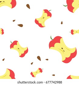 A eaten red apple with seeds. Pattern. Vector illustration on white isolated background.