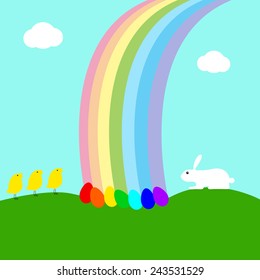 Eater card with one bunny, three chickens, seven multicolored eggs on green grass, shining rainbow and white clouds. For invitations, greeting cards, postcards