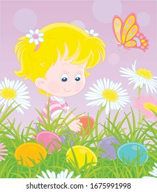 Eater Egg Hunt. Happy Little Girl Seeking Colorfully Painted Eggs Among Grass And Flowers On A Green Field At A Traditional Spring Festival, Vector Cartoon Illustration