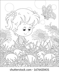 Eater Egg Hunt. Happy Little Girl Seeking Painted Eggs Among Grass And Flowers On A Field At A Traditional Spring Festival, Black And White Vector Cartoon Illustration For A Coloring Book Page