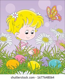 Eater Egg Hunt. Happy Little Girl Seeking Colorfully Painted Eggs Among Grass And Flowers On A Green Field At A Traditional Spring Festival, Vector Cartoon Illustration