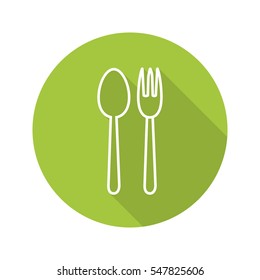 Eatery Flat Linear Long Shadow Icon. Fork And Spoon. Vector Line Symbol