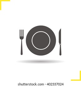 Eatery icon. Drop shadow restaurant and cafe silhouette sign. Tableware set. Fork, dish plate, and table knife symbols. Vector isolated illustration