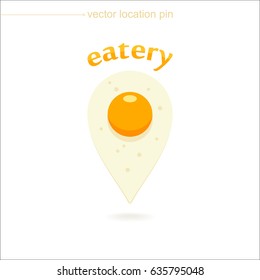 Eatery location pin. Funny and yummy pointer in the form of drop-shaped fried egg for a promo of snack bars and restaurants on a travel maps. Here is a bent logo 'Eatery' with original font over icon.