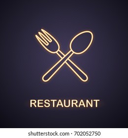 Eatery neon light icon. Cafe and restaurant glowing sign. Crossed fork and spoon. Vector isolated illustration