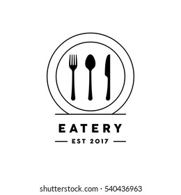 Eatery restaurant logo with line style knife, fork, spoon and plate icon. Vector illustration.