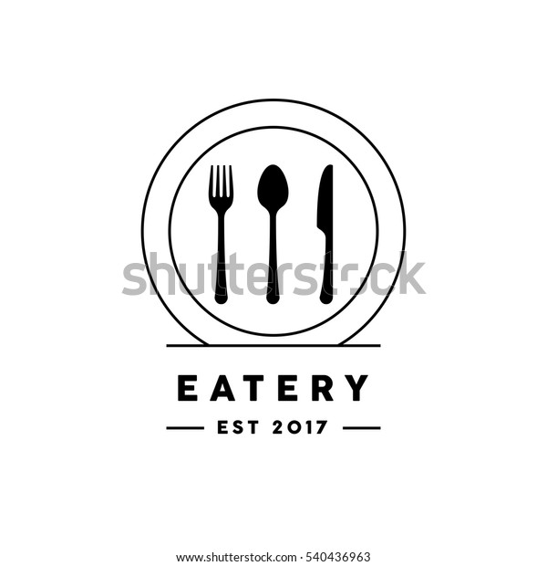 ラインスタイルのナイフ フォーク スプーン お皿のアイコンを持つ飲食店のロゴ ベクターイラスト のベクター画像素材 ロイヤリティフリー