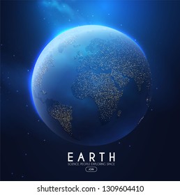 Eath Planet in Space with Lights. Realistic Universe. Cosmos Background. Vector illustration