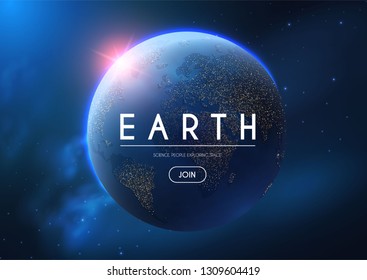 Eath Planet in Space with Lights. Realistic Universe. Cosmos Background. Vector illustration