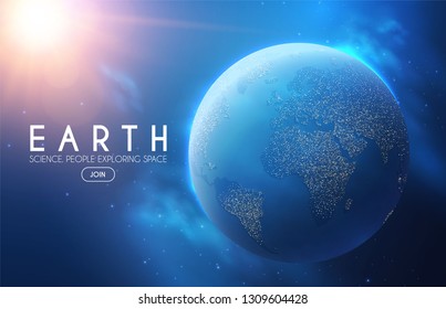 Planeta de la Tierra en el Espacio con luces. Universo Realista. Fondo Cosmos. Ilustración del vector