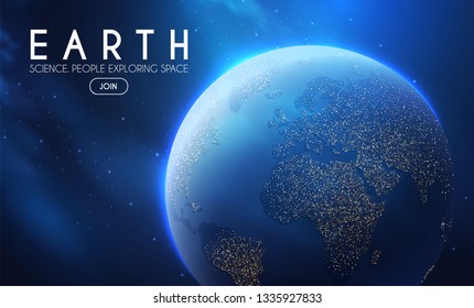Eath Planet in Space with Lights. Realistic Universe. Cosmos Background. Vector illustration