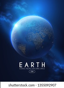 Eath Planet in Space with Lights. Realistic Universe. Cosmos Background. Vector illustration