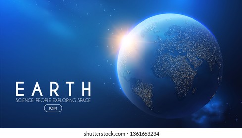 Eath Planet in Space with Lights. Realistic Universe. Cosmos Background. Vector illustration