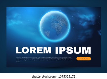 Eath Planet in Space with Lights. Realistic Universe. Cosmos Background. Landing Page. Vector illustration