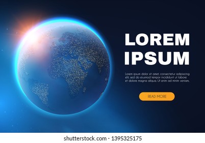 Eath Planet in Space with Lights. Realistic Universe. Cosmos Background. Landing Page. Vector illustration