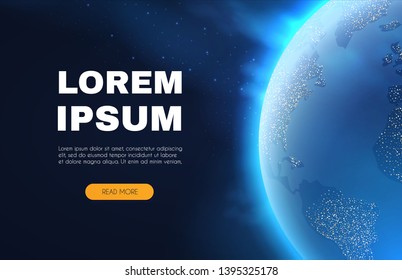 Eath Planet in Space with Lights. Realistic Universe. Cosmos Background. Landing Page. Vector illustration