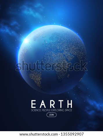 Eath Planet in Space with Lights. Realistic Universe. Cosmos Background. Vector illustration